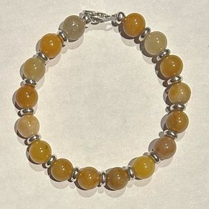 Genuine Golden Jade and Silver Tone Accents Bracelet